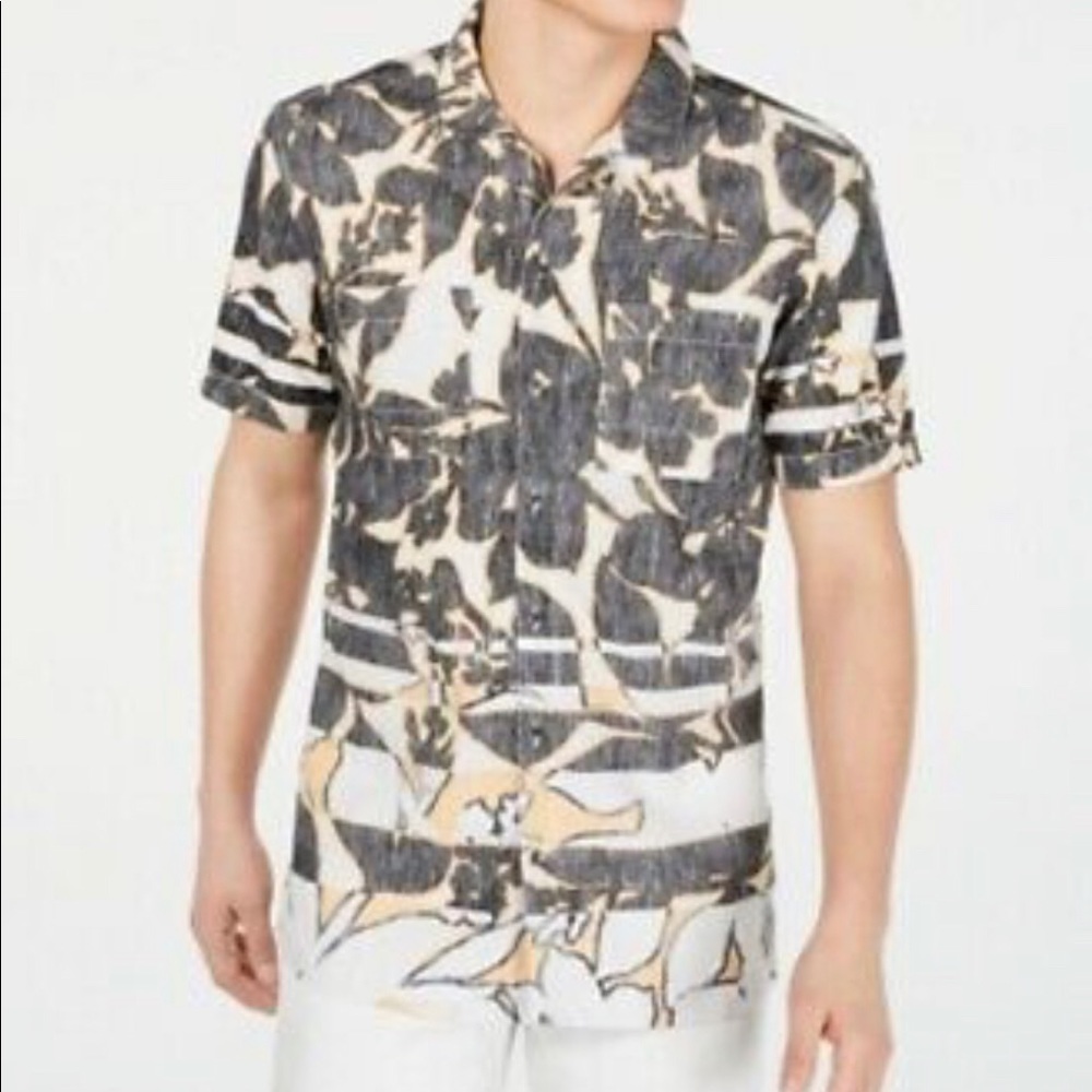INC Men’s Fragmented Linen Print Short Sleeve Shirt, Sparkling Sun, M